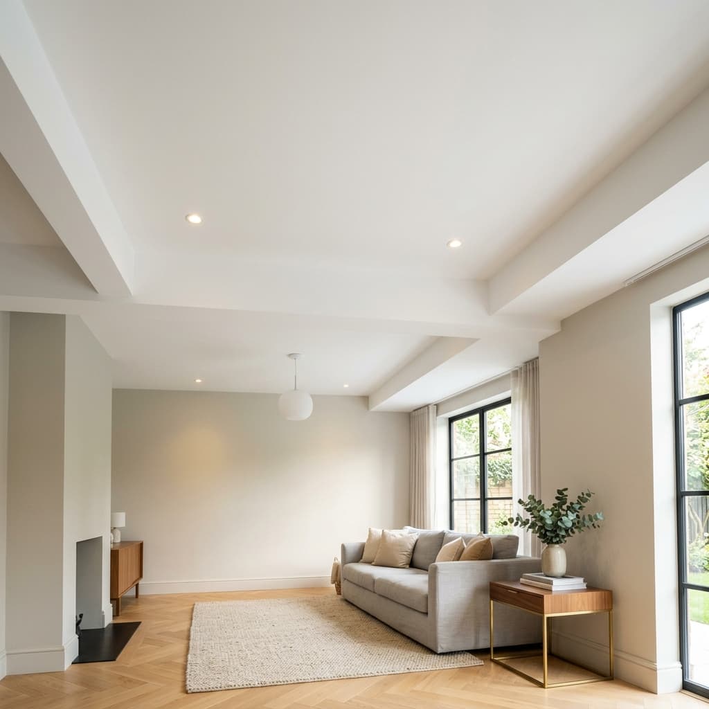 Strak wit geschilderd plafond in een lichte woonkamer
